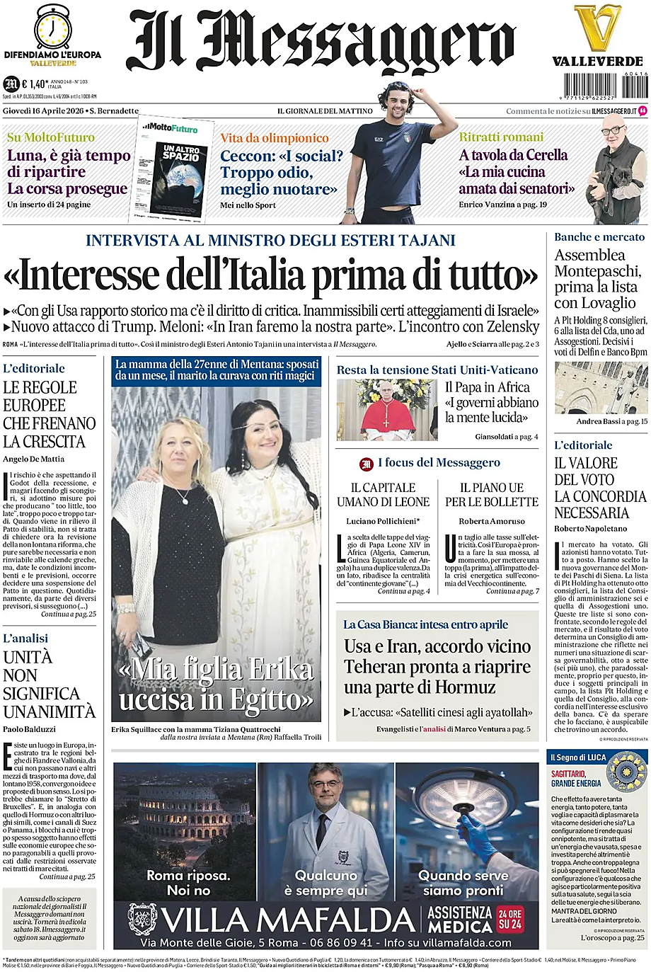 Prima pagina Il Messaggero di oggi - Edicola 16 Aprile 2026