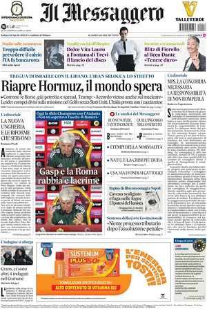 Prima pagina Il Messaggero di oggi - Quotidiano nazionale