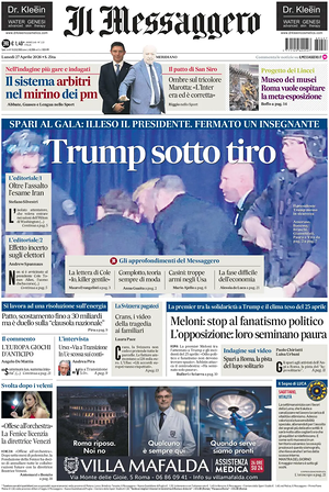 Prima pagina Il Messaggero di oggi - Quotidiano nazionale
