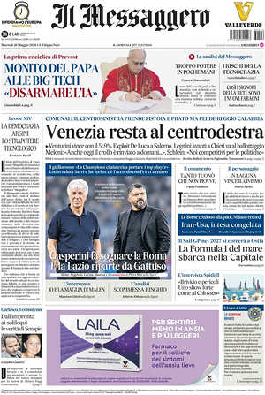Prima pagina Il Messaggero di oggi - Quotidiano nazionale