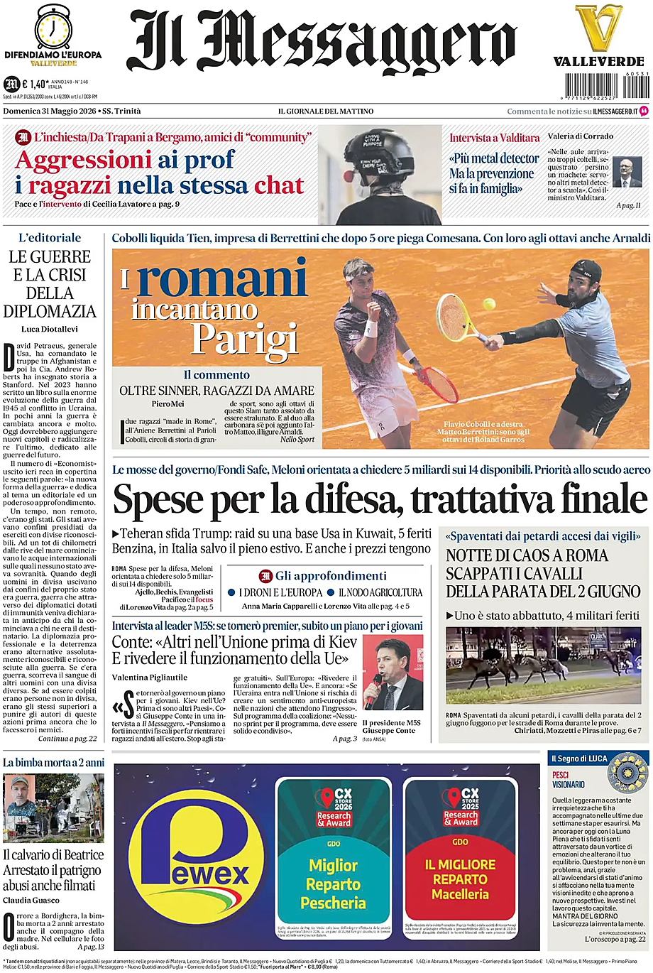 Prima pagina Il Messaggero di oggi - Edicola 31 Maggio 2026