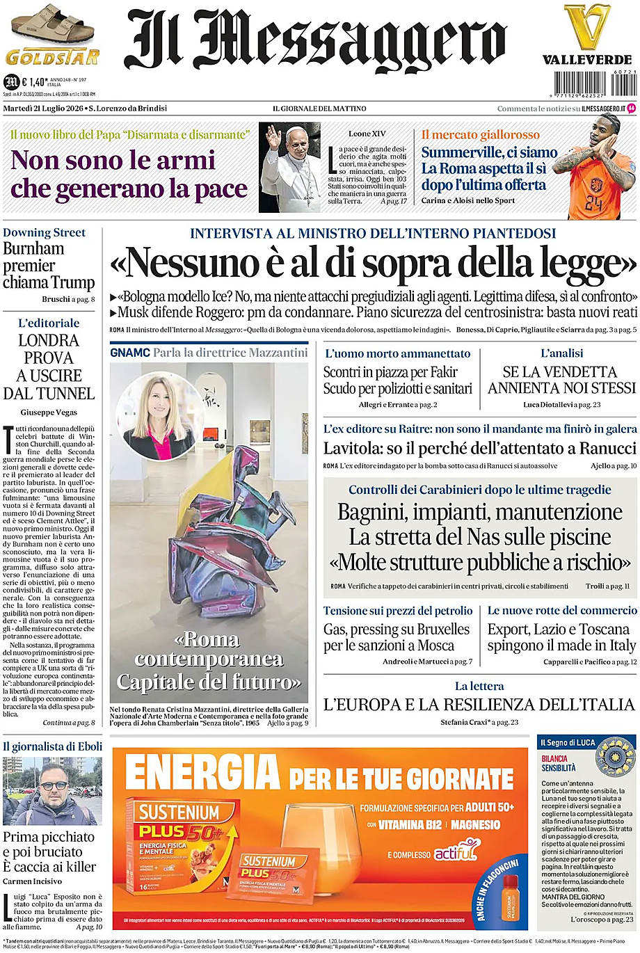 Prima pagina Il Messaggero di oggi - Edicola 21 Luglio 2026