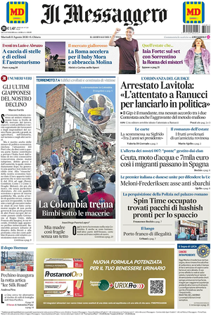 Prima pagina Il Messaggero di oggi - Quotidiano nazionale