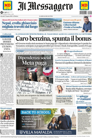 Prima pagina Il Messaggero di oggi - Quotidiano nazionale