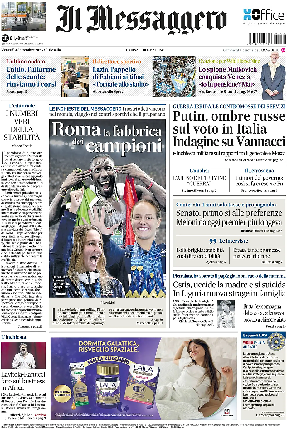 Prima pagina Il Messaggero di oggi - Edicola 4 Settembre 2026