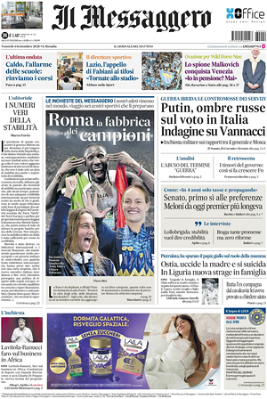 Prima pagina Il Messaggero di oggi - Quotidiano nazionale