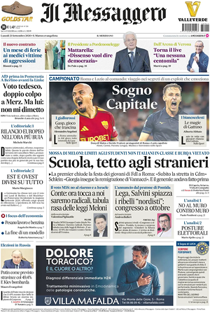 Prima pagina Il Messaggero di oggi - Quotidiano nazionale