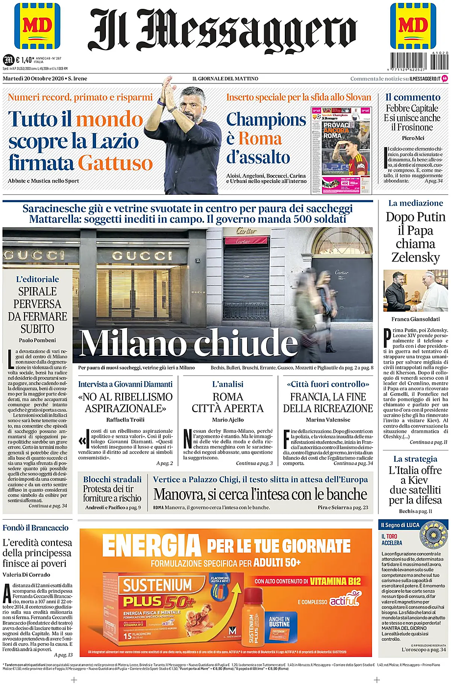 Prima pagina Il Messaggero di oggi - Edicola 20 Ottobre 2026
