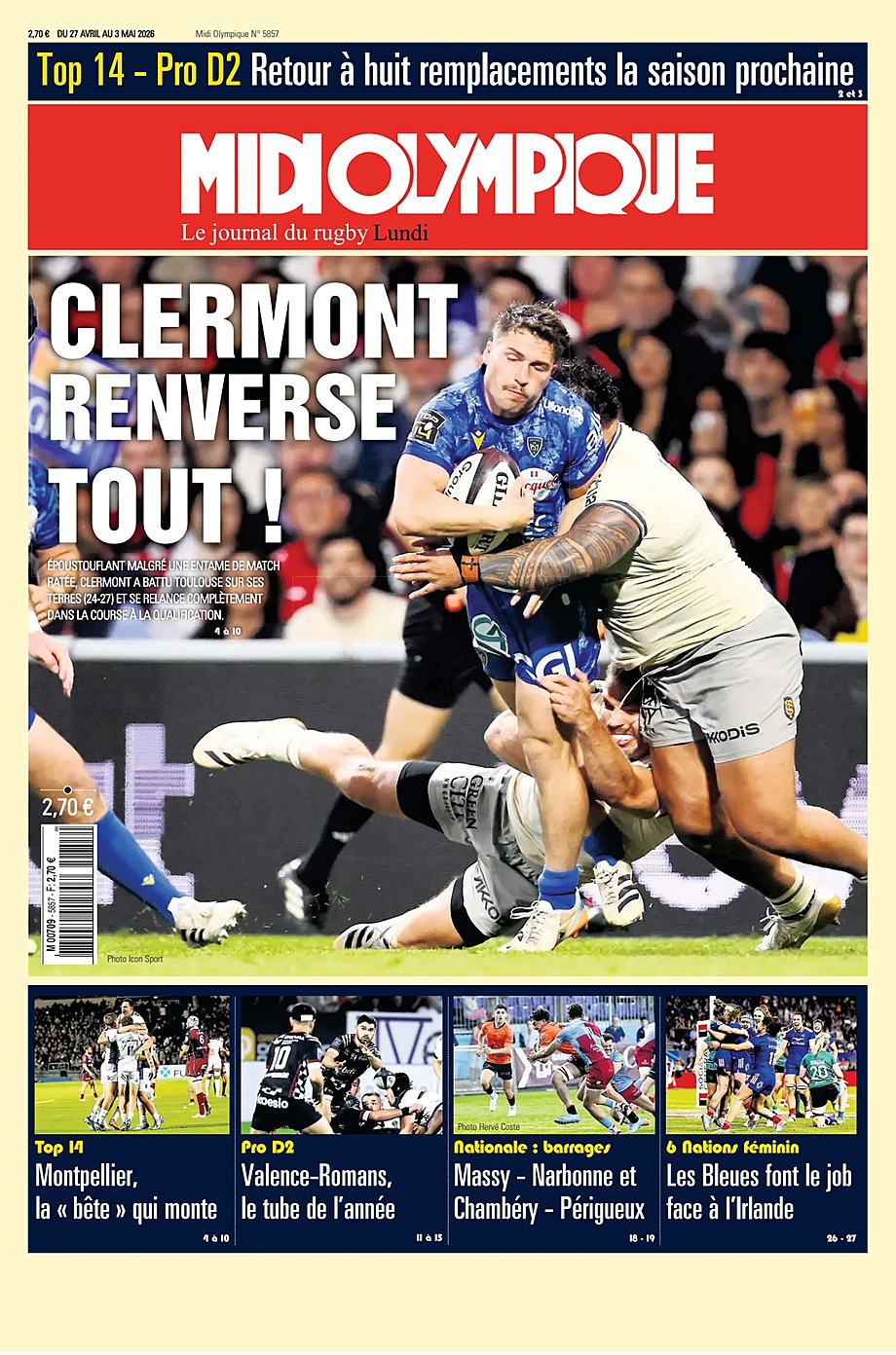 Une de Midi Olympique du jour - Presse 27 avril 2026