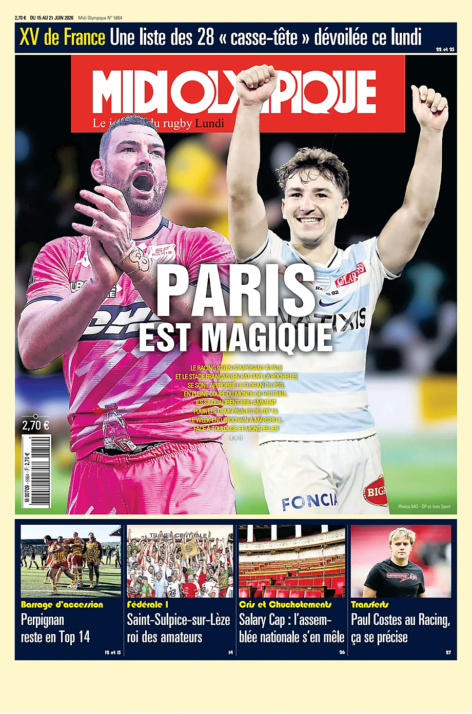 Une de Midi Olympique du jour - Presse 15 juin 2026