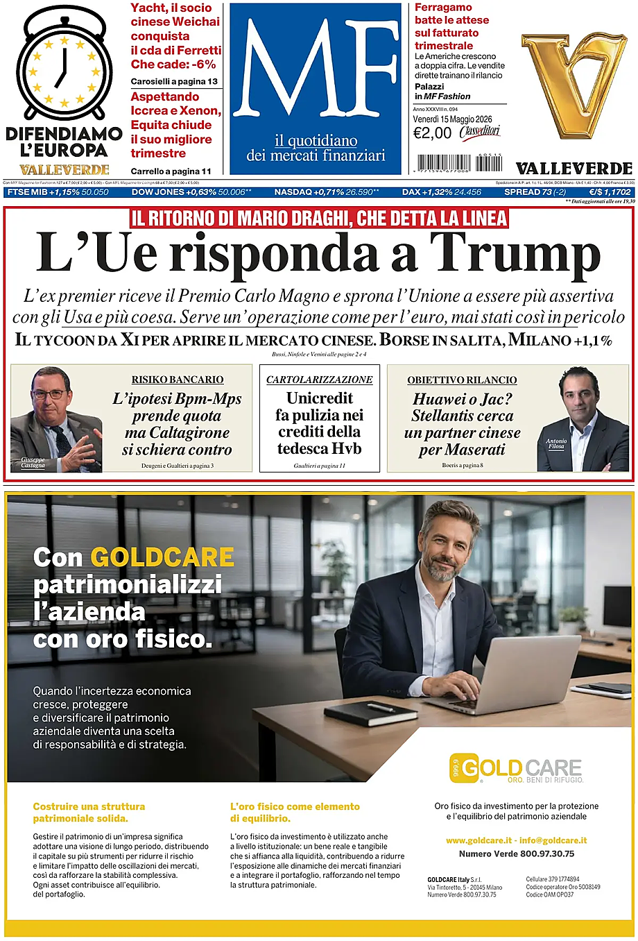 Prima pagina MF Milano Finanza di oggi - Edicola 15 Maggio 2026