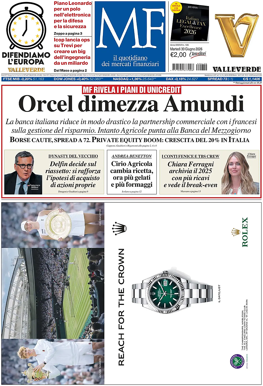 Prima pagina MF Milano Finanza di oggi - Edicola 30 Giugno 2026