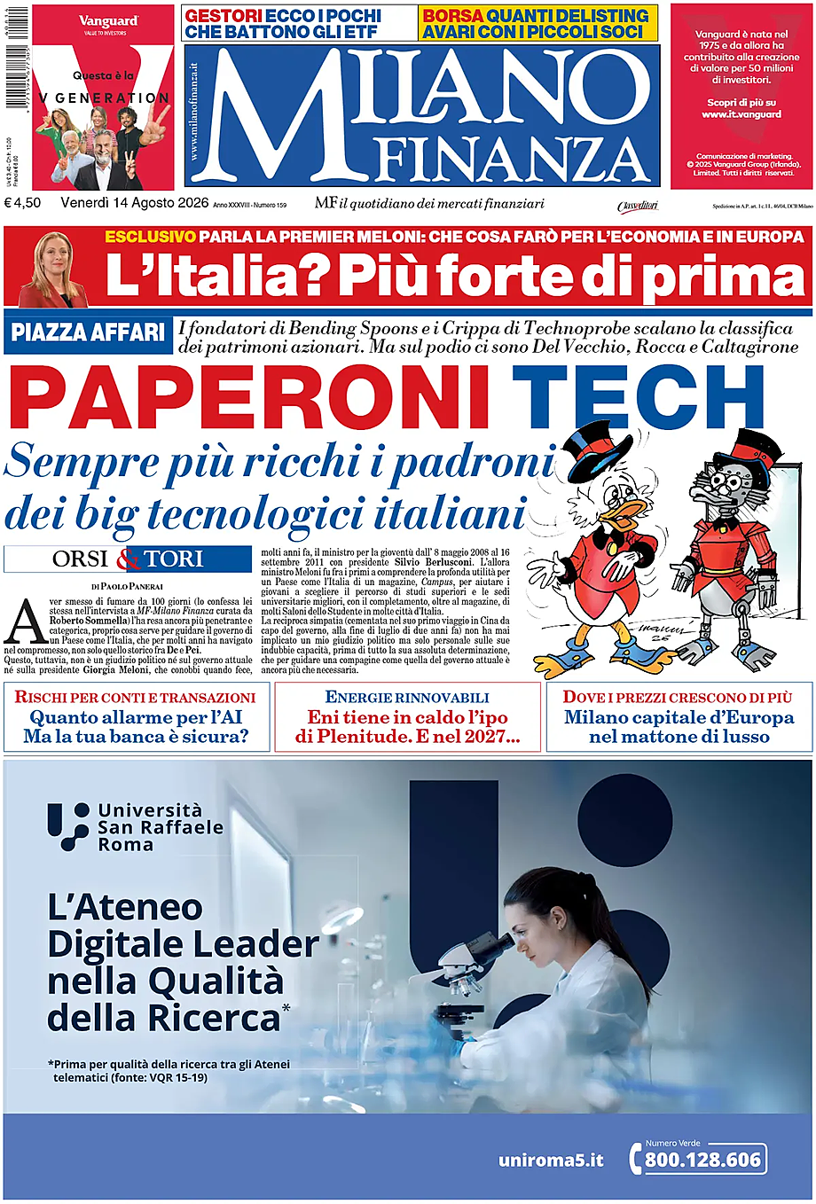 Prima pagina MF Milano Finanza di oggi - Edicola 14 Agosto 2026