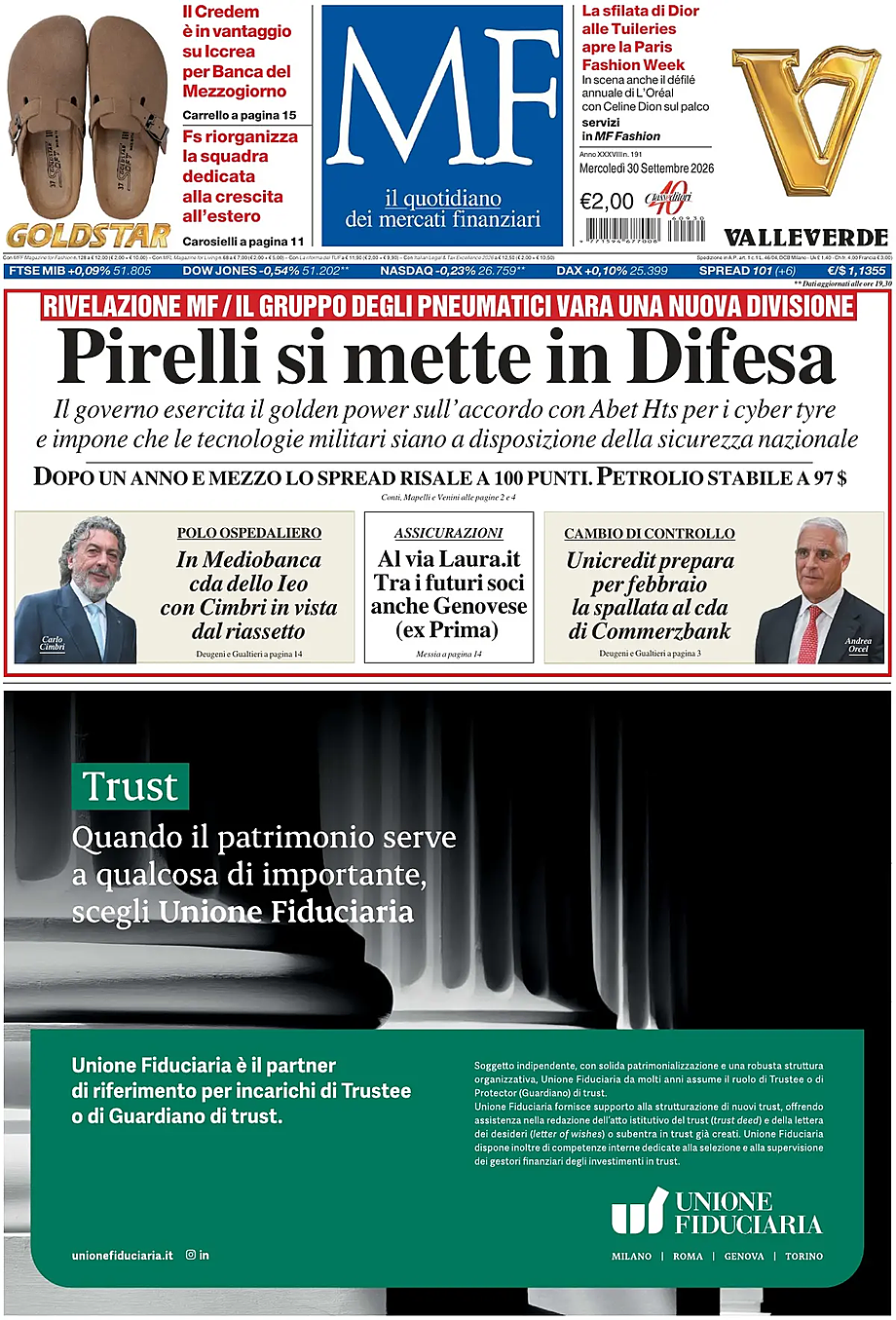Prima pagina MF Milano Finanza di oggi - Edicola 30 Settembre 2026
