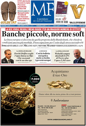 Prima pagina MF Milano Finanza di oggi - Quotidiano finanza