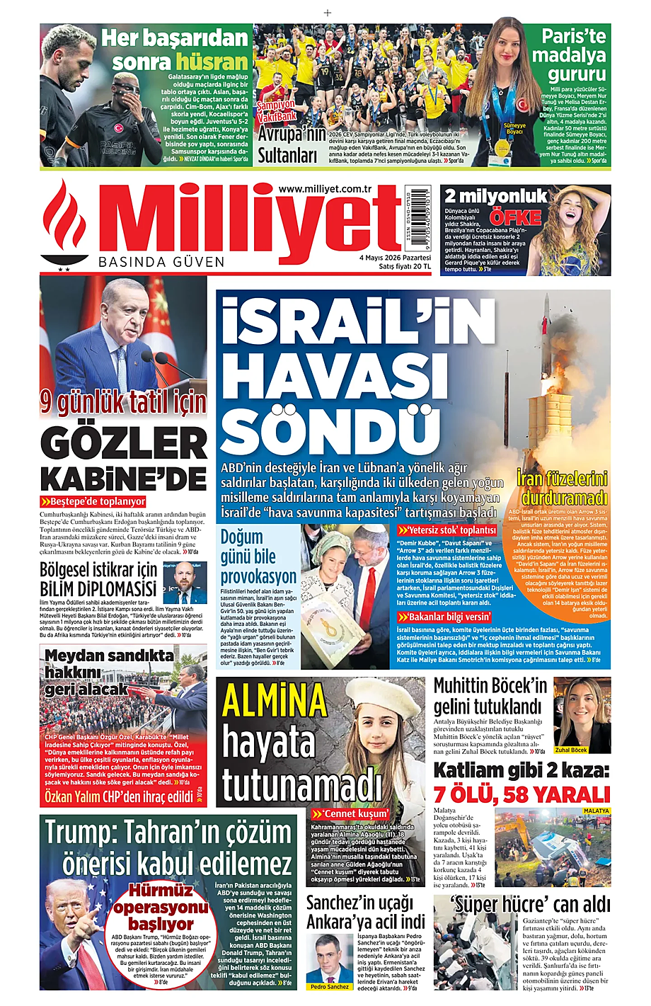 Milliyet bugünkü birinci sayfası - Türkiye basını 4 Mayıs 2026