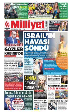 Bugünkü Milliyet birinci sayfası - ulusal gazeteler gazetesi