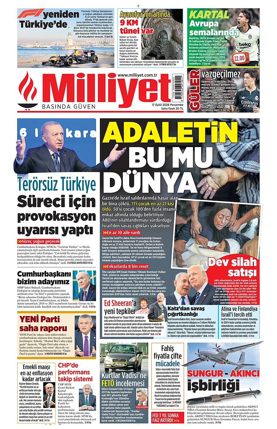 Milliyet bugünkü manşeti ve ilk sayfası - Türkiye basını 17 Eylül 2026