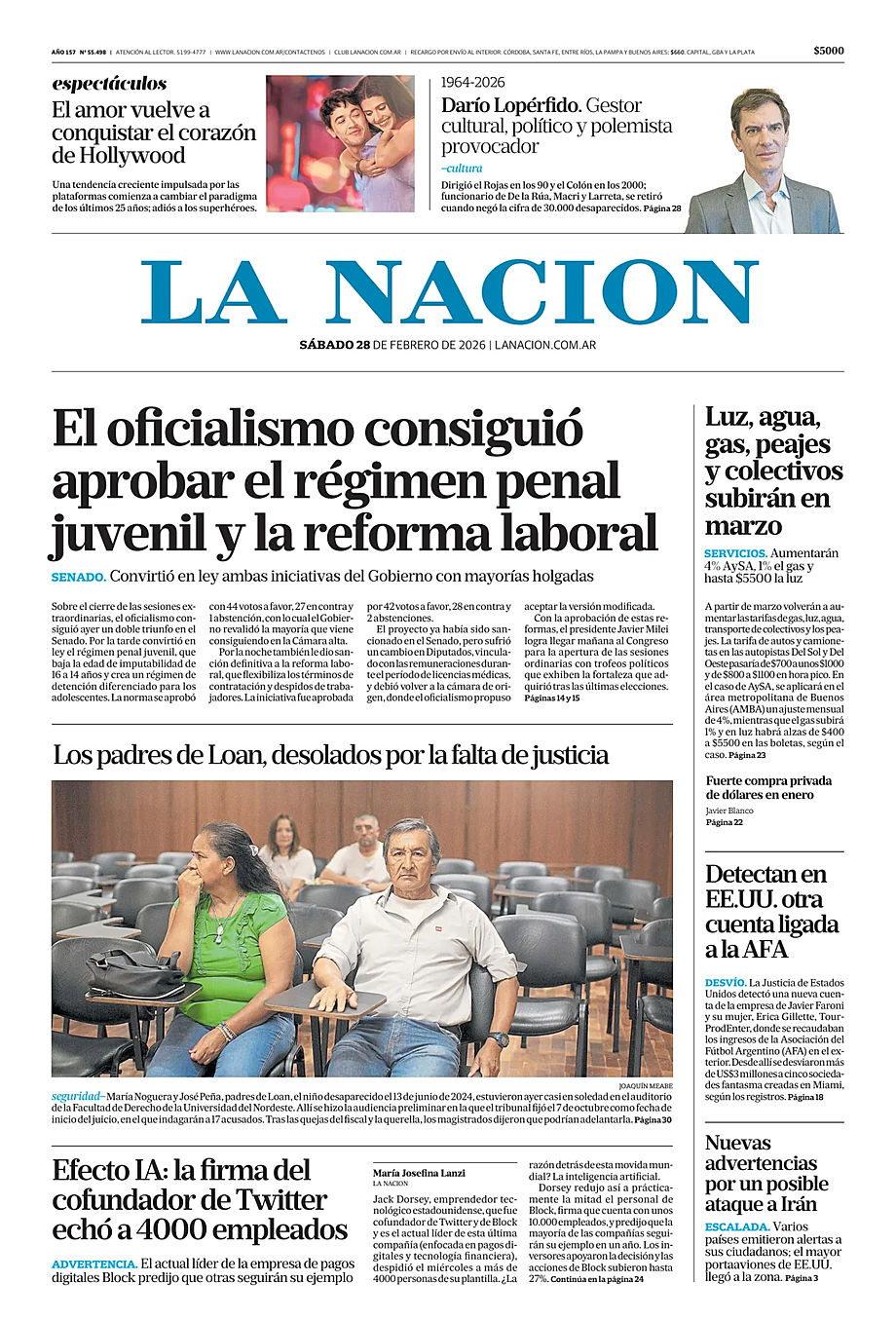 Prima pagina La Nacion di oggi - Edicola 28 Febbraio 2026