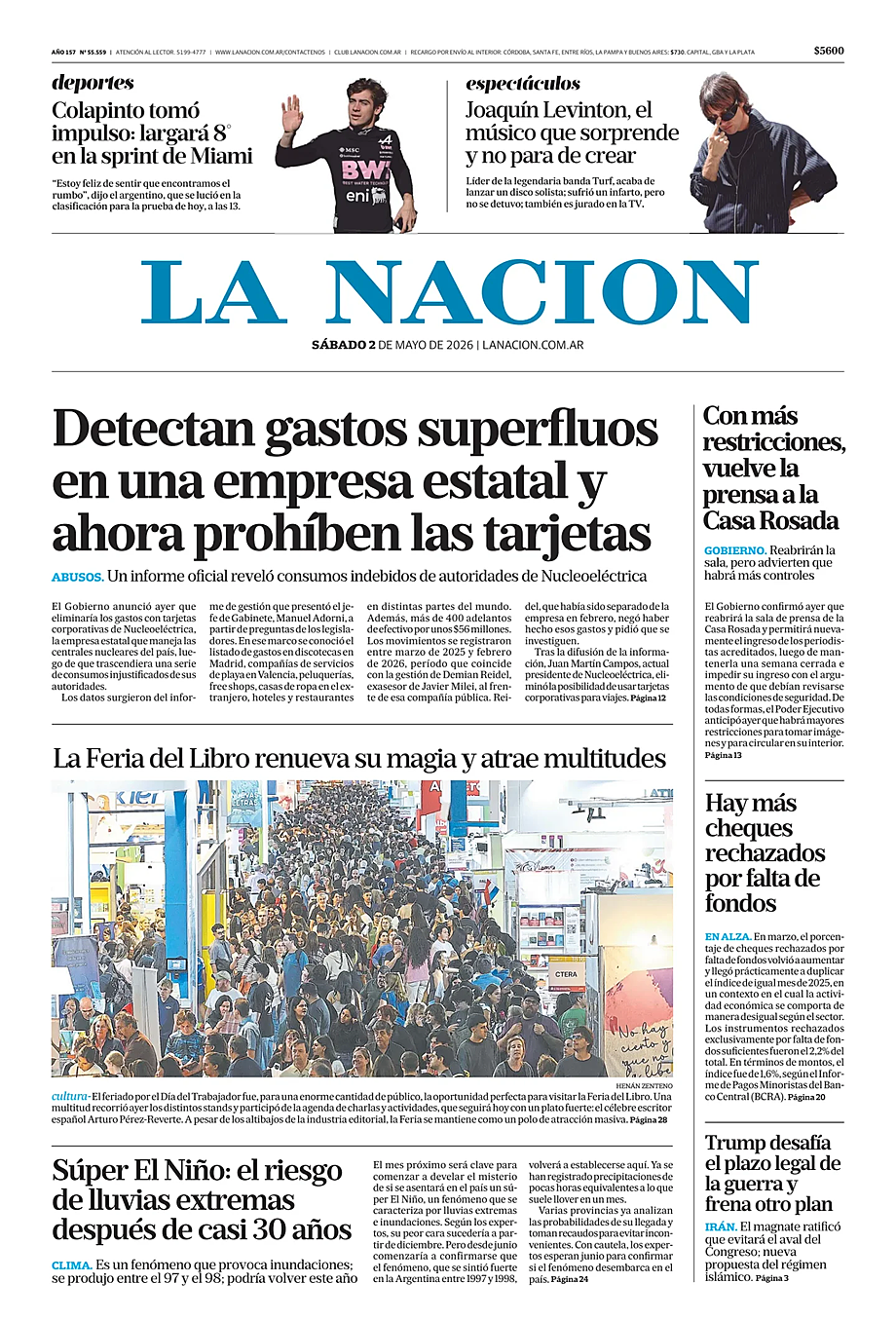 Portada La Nacion de hoy - Quiosco 2 mayo 2026