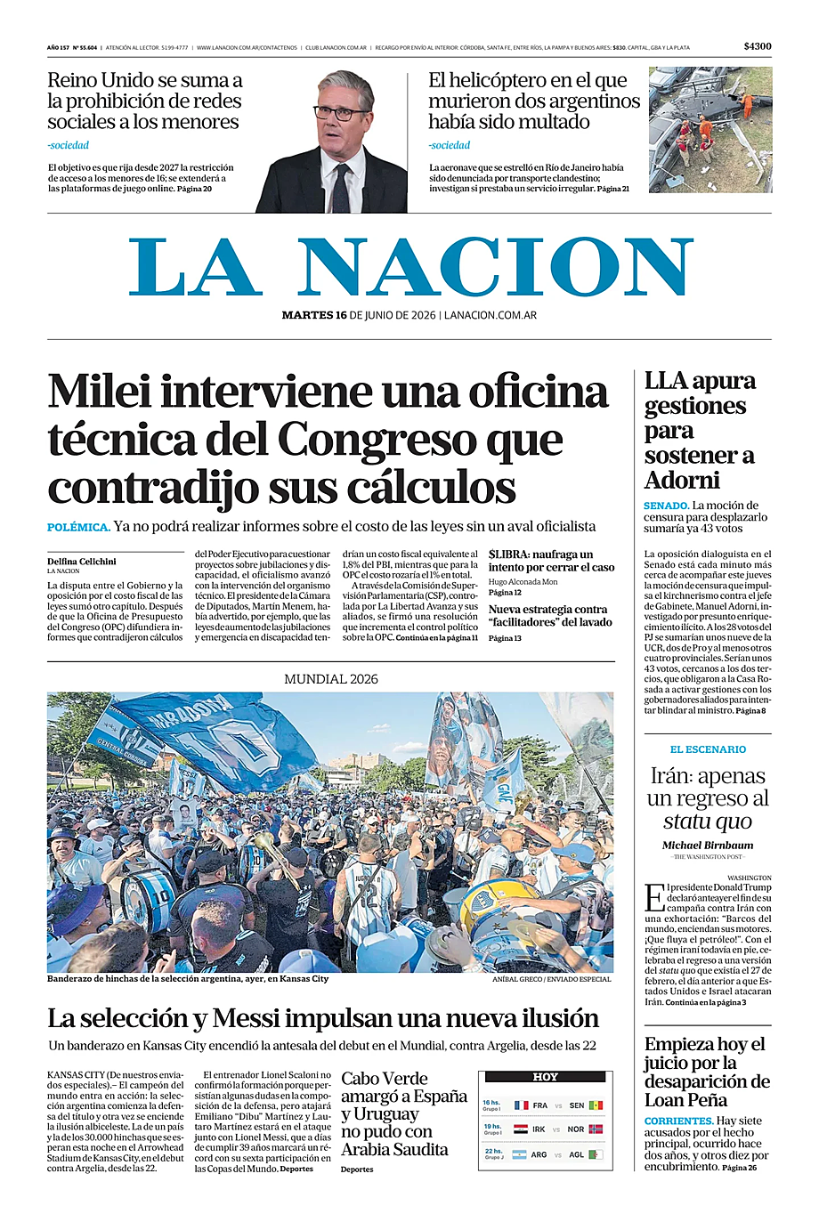 Portada La Nacion de hoy - Quiosco 16 junio 2026