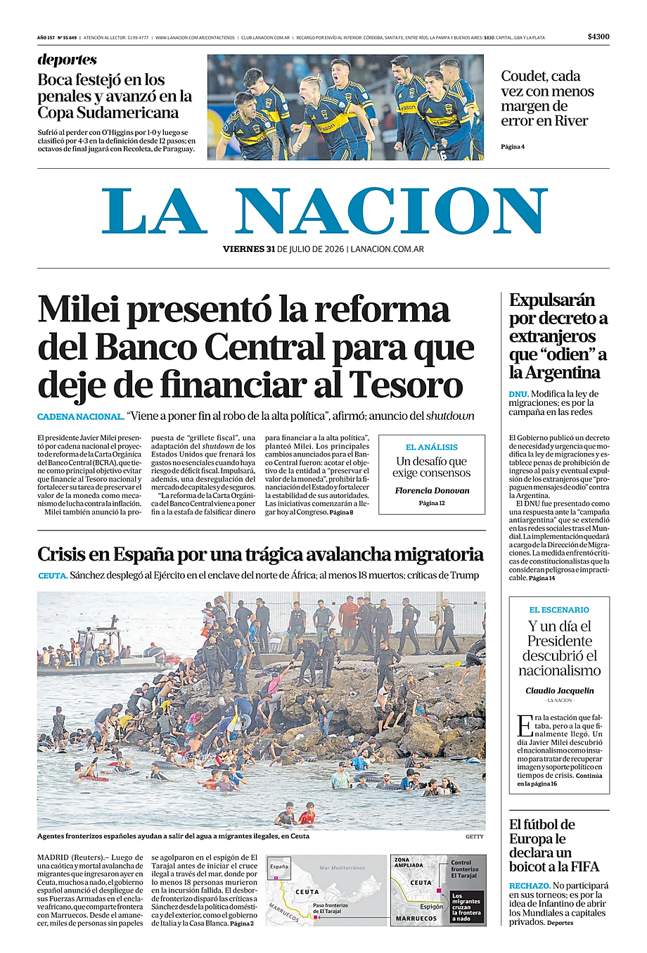 Portada La Nacion de hoy - Quiosco 31 julio 2026