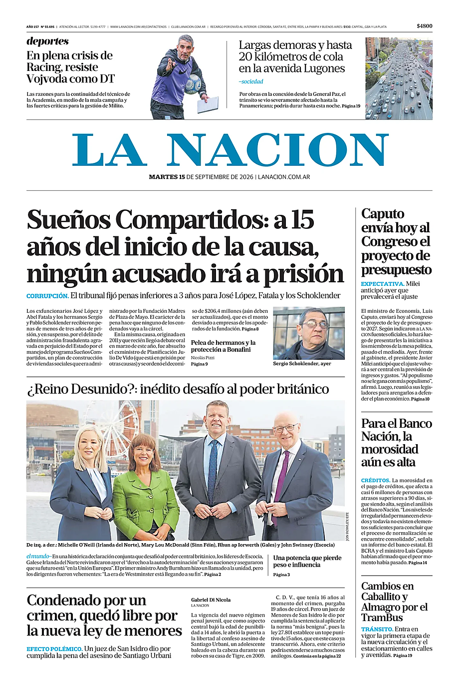 Portada La Nacion de hoy - Quiosco 15 septiembre 2026