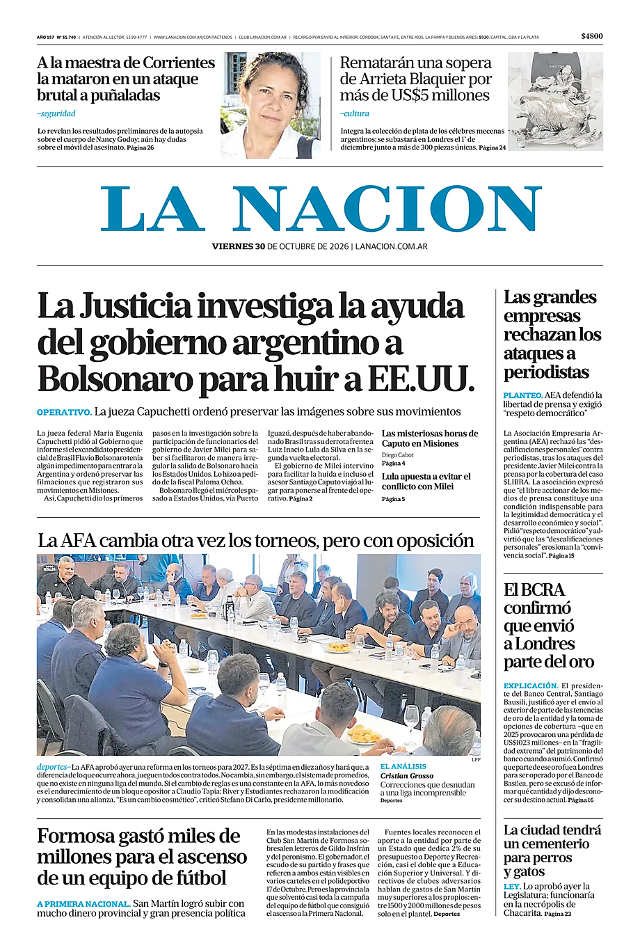 Portada La Nacion de hoy - Quiosco 30 octubre 2026