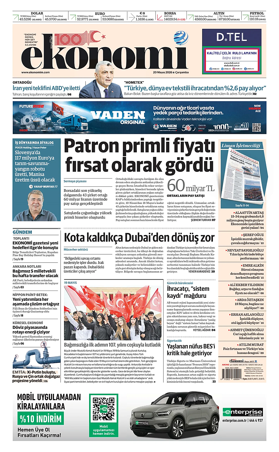 Nasıl Bir Ekonomi bugünkü manşeti ve ilk sayfası - Türkiye basını 20 Mayıs 2026