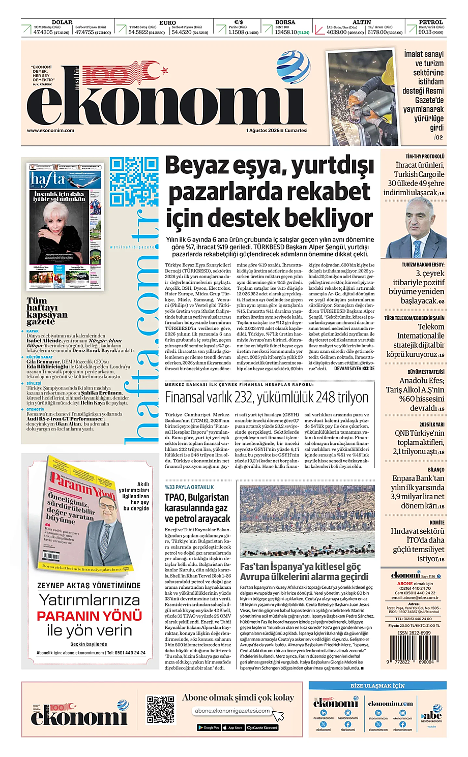 Nasıl Bir Ekonomi bugünkü manşeti ve ilk sayfası - Türkiye basını 1 Ağustos 2026