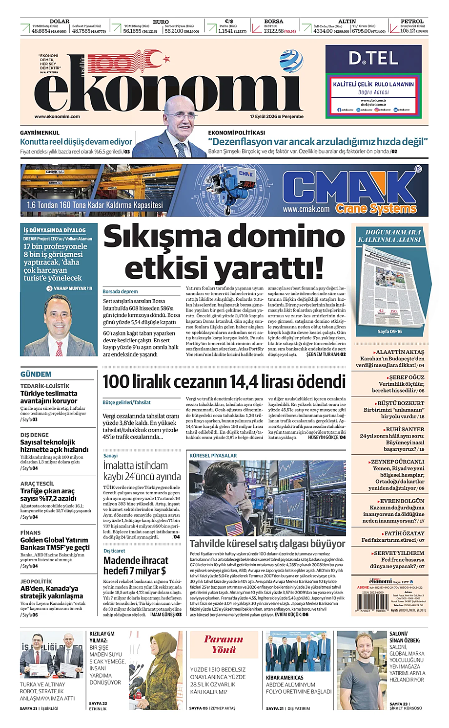 Nasıl Bir Ekonomi bugünkü manşeti ve ilk sayfası - Türkiye basını 17 Eylül 2026