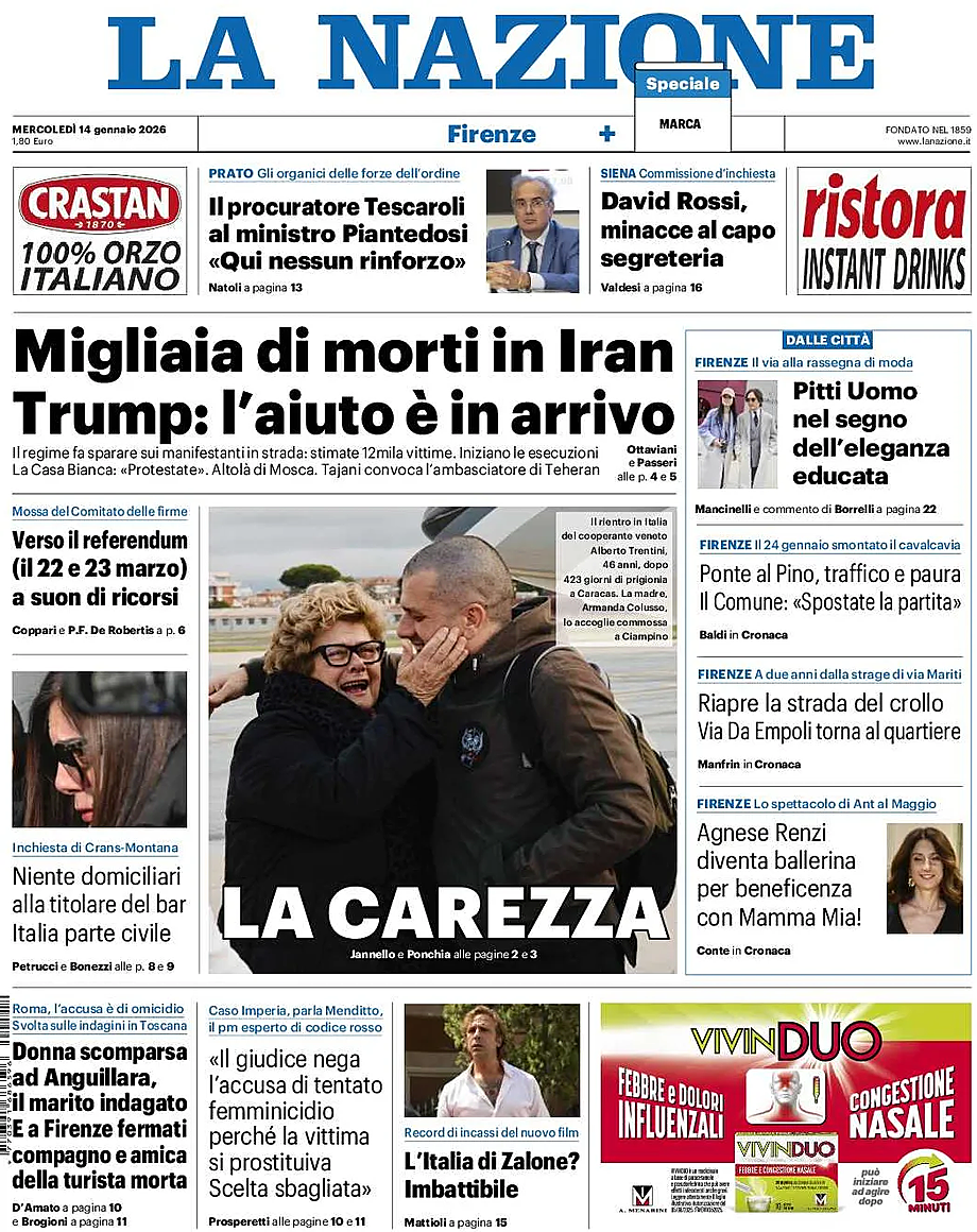 Prima pagina La Nazione di oggi - Edicola 15 Gennaio 2026