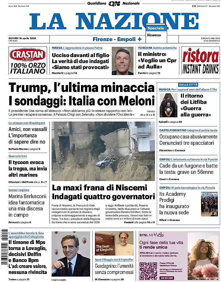 Prima pagina La Nazione di oggi - Edicola 16 Aprile 2026