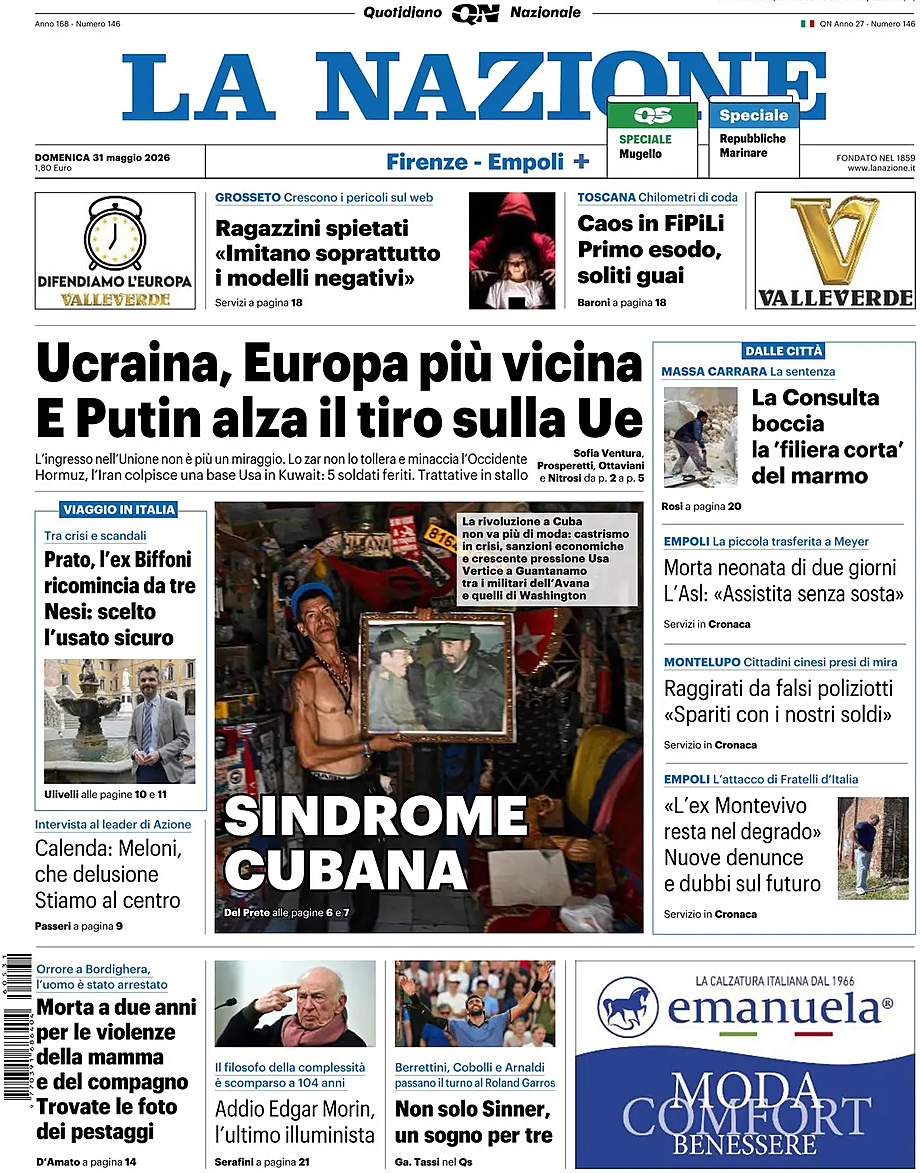 Prima pagina La Nazione di oggi - Edicola 31 Maggio 2026