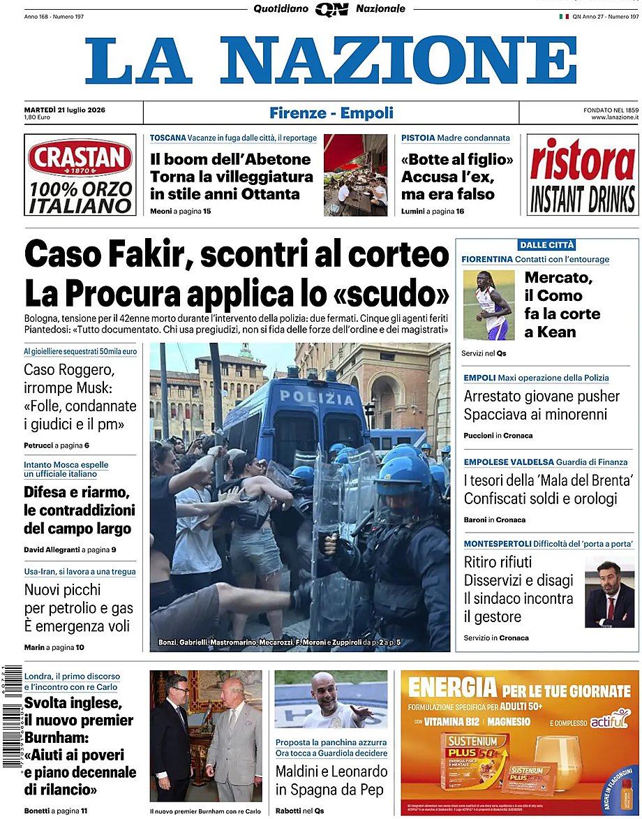 Prima pagina La Nazione di oggi - Edicola 21 Luglio 2026