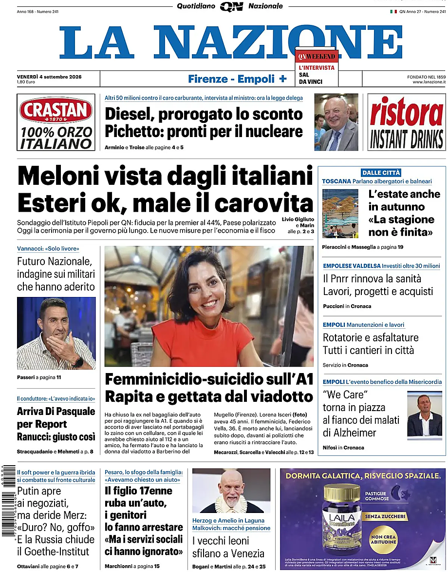 Prima pagina La Nazione di oggi - Edicola 4 Settembre 2026