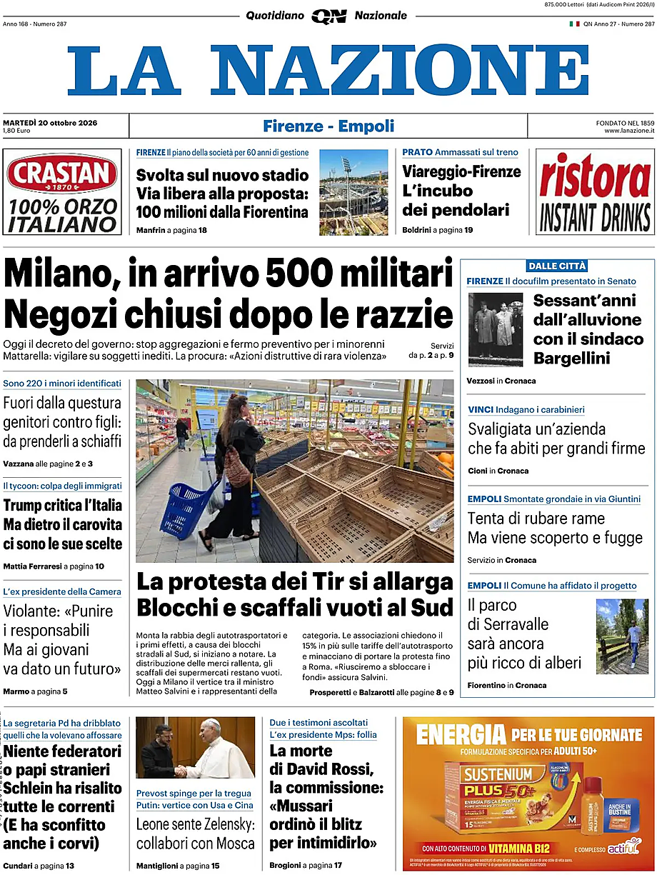 Prima pagina La Nazione di oggi - Edicola 20 Ottobre 2026