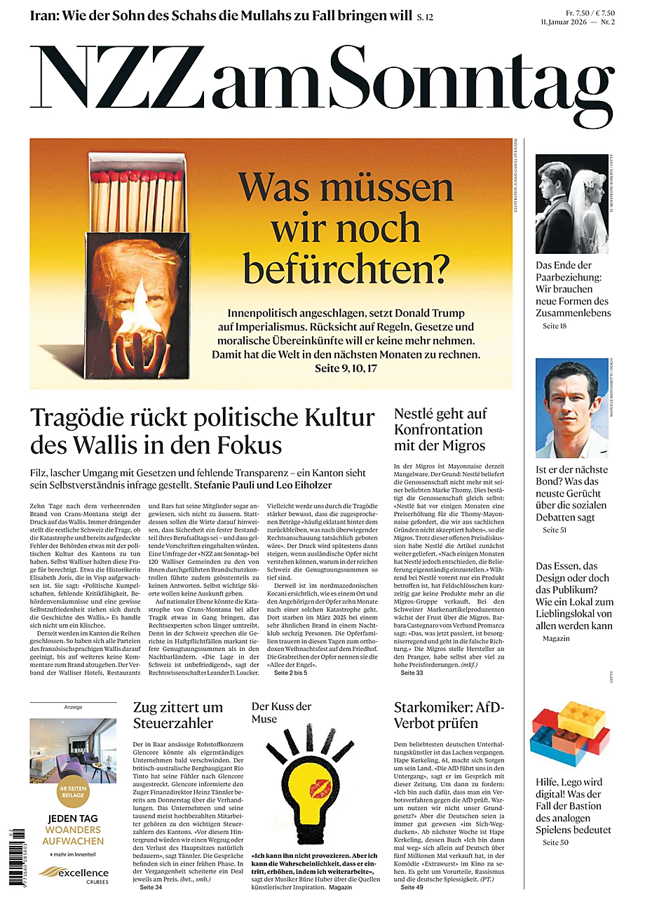 Prima pagina Neue Zürcher Zeitung Sunday di oggi - Edicola 11 Gennaio 2026