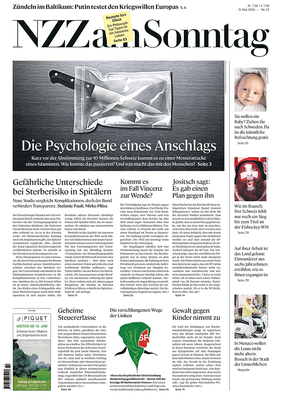 Prima pagina Neue Zürcher Zeitung Sunday di oggi - Edicola 31 Maggio 2026