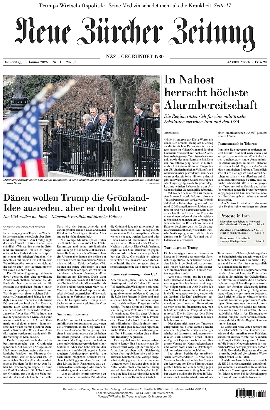 Prima pagina Neue Zürcher Zeitung di oggi - Edicola 15 Gennaio 2026