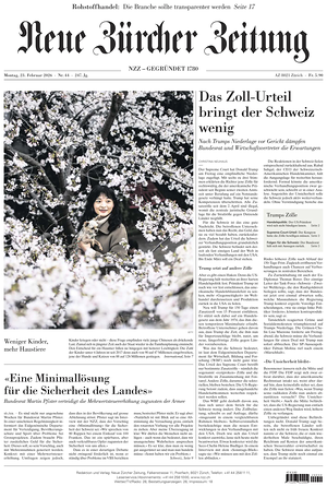 Prima pagina Neue Zürcher Zeitung di oggi - Quotidiano estero
