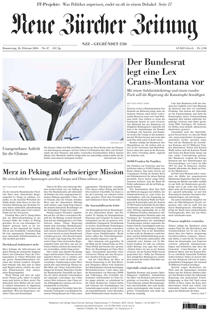 Prima pagina Neue Zürcher Zeitung di oggi - Quotidiano estero