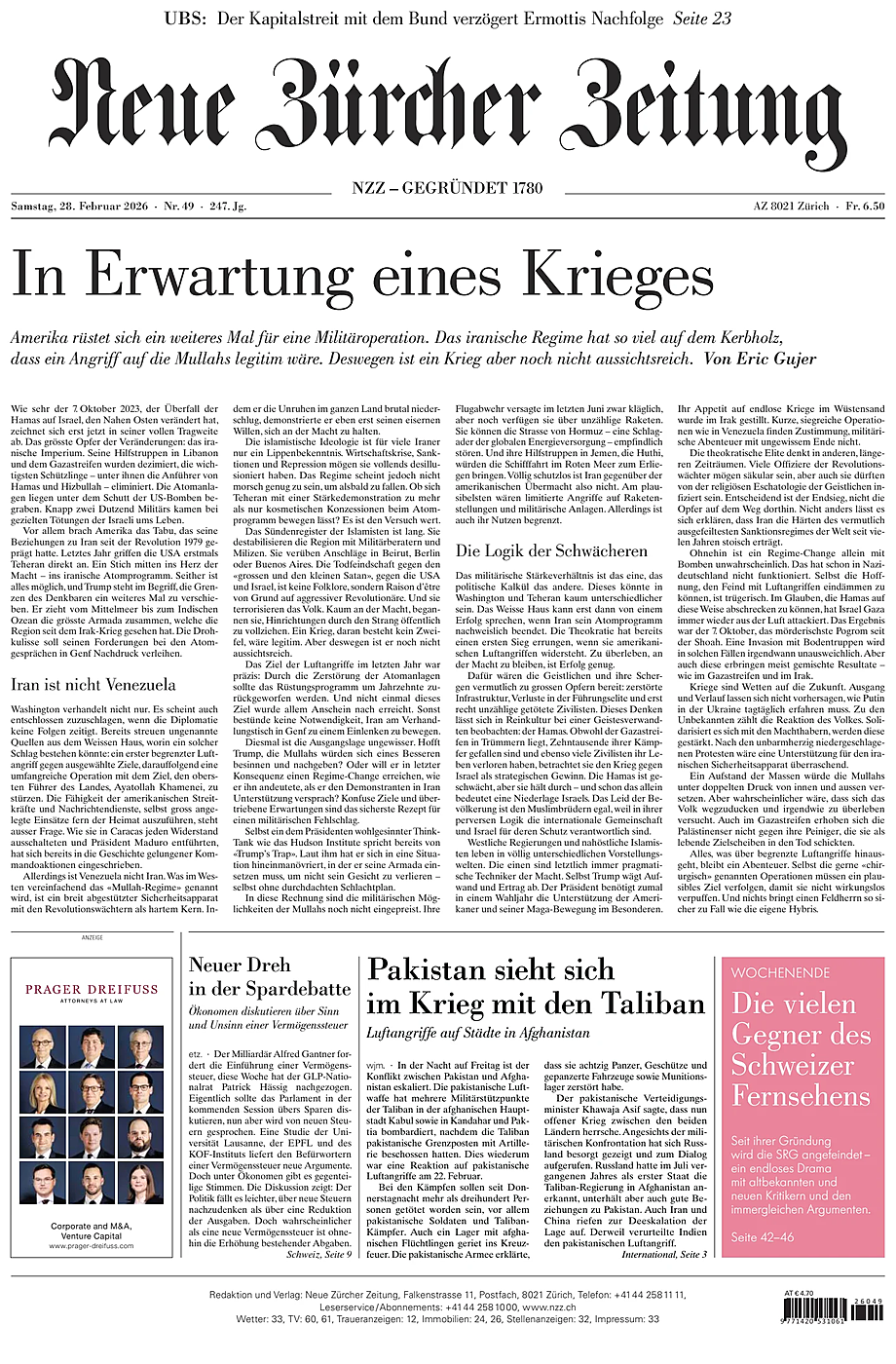 Prima pagina Neue Zürcher Zeitung di oggi - Edicola 28 Febbraio 2026