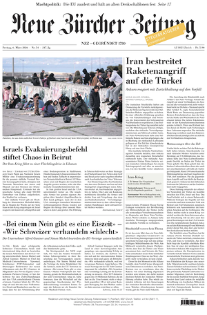 Prima pagina Neue Zürcher Zeitung di oggi - Quotidiano estero