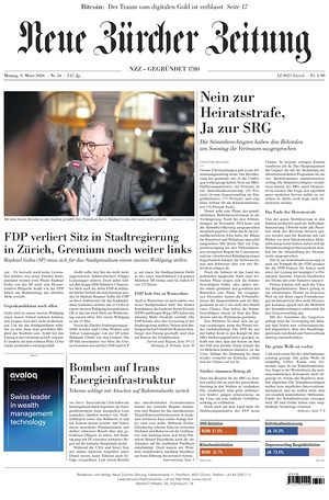 Prima pagina Neue Zürcher Zeitung di oggi - Quotidiano estero