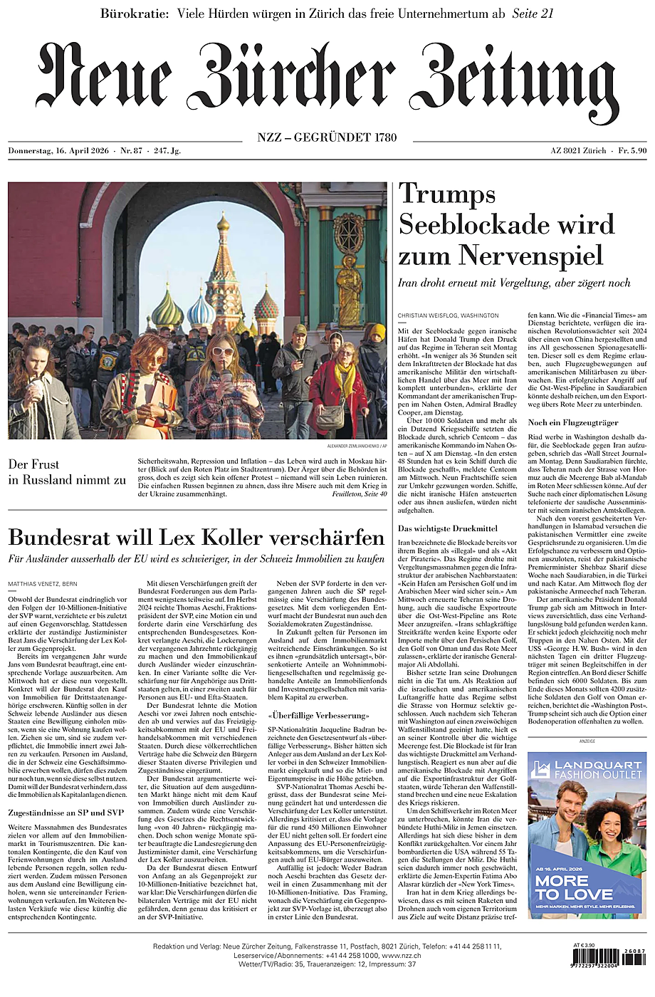 Prima pagina Neue Zürcher Zeitung di oggi - Edicola 16 Aprile 2026