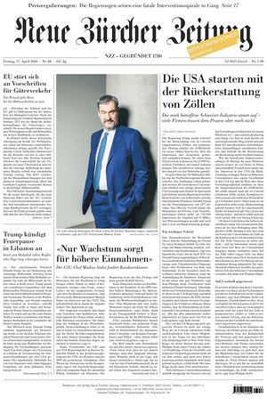 Prima pagina Neue Zürcher Zeitung di oggi - Quotidiano estero