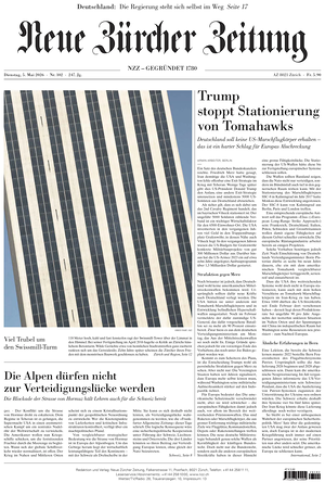 Prima pagina Neue Zürcher Zeitung di oggi - Quotidiano estero