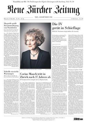 Prima pagina Neue Zürcher Zeitung di oggi - Quotidiano estero