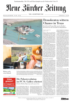 Prima pagina Neue Zürcher Zeitung di oggi - Quotidiano estero